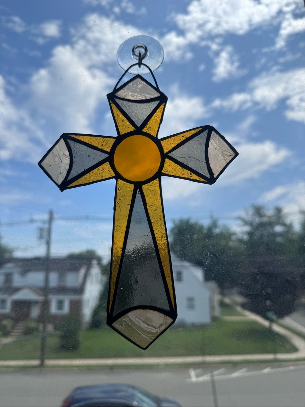 Stained Glass Sunburst Cross Suncatcher - Yellow and Clear